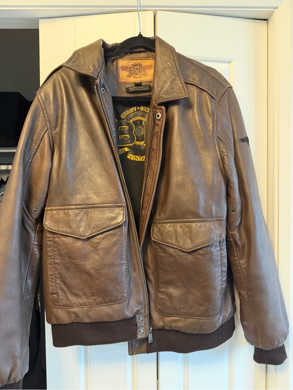 Brixton Brown Leather Bomber Jacket with Patch Logo
